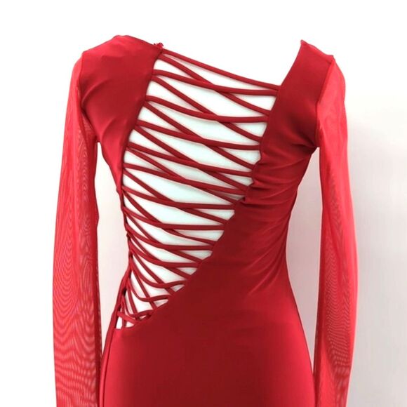 A’GACI Y2K Red Bodycon Asymmetrical Open Back Mesh Sleeve Mini Dress Size Small - Picture 1 of 8